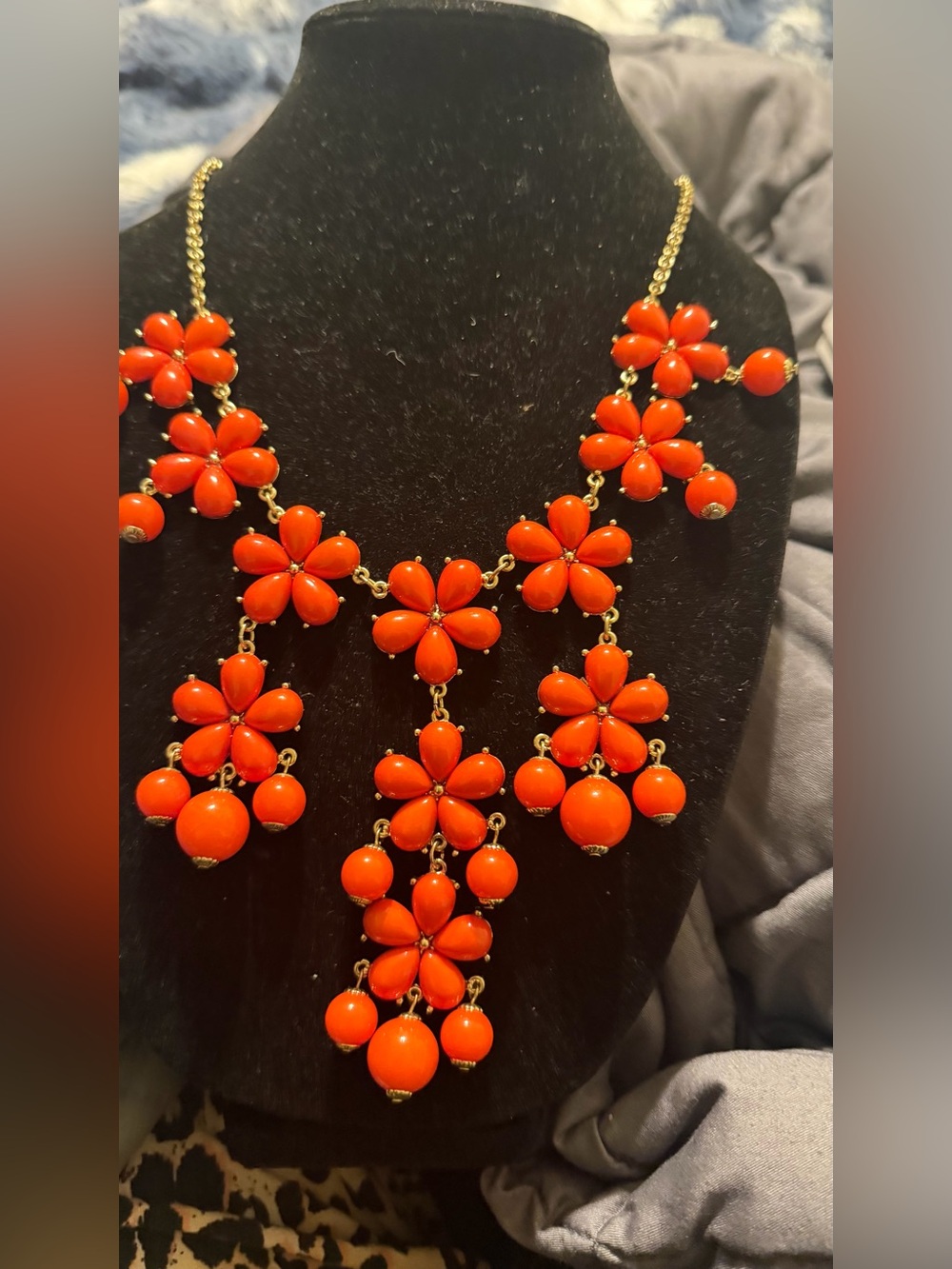 Vibrant Orange Floral Statement Necklace with Gold Chain